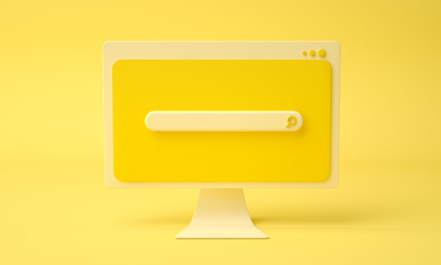 Search bar webpage on cartoon computer screen, yellow background. 3d render