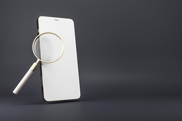 검정색 배경 3D 렌더링에서 현대적인 휴대폰 화면에 있는 황금 돋보기를 사용한 검색 개념