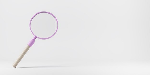 Search concept with pink magnifying glass on white background with copyspace for your logo 3D rendering mockup