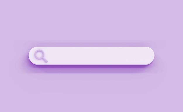 Search engine bar with magnifying glass icon on purple background Blank text input field on browser finding information on internet Minimal design element web form template 3d render illustration