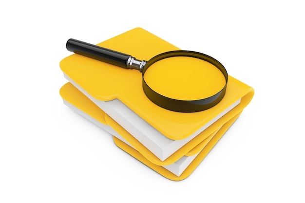 Photo search files concept. magnifying glass over file folders on a white background. 3d rendering