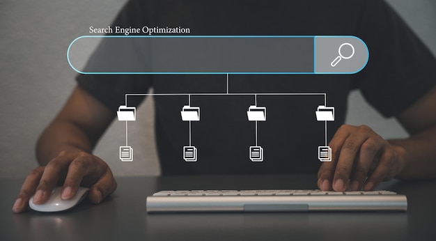 search icon highlighted on a computer keyboard with a dark network background browsing internet data networking and searching concept is displayed by man's finger