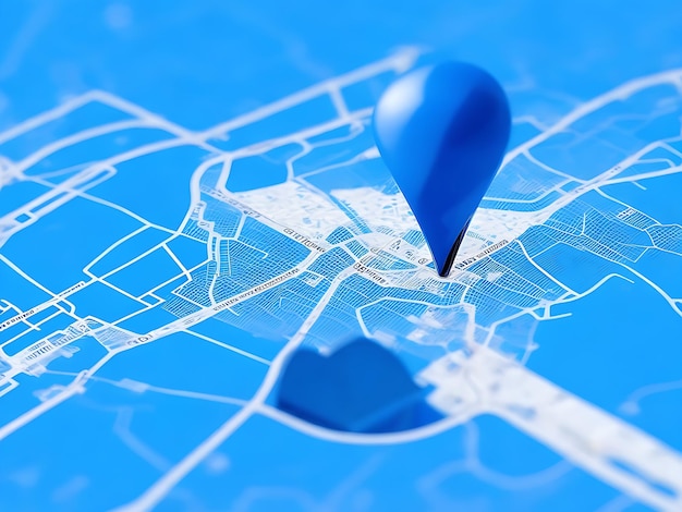 Foto cerca il pin della posizione sullo sfondo della mappa 3d di navigazione blu con il segno di direzione del navigatore dell'indirizzo gps