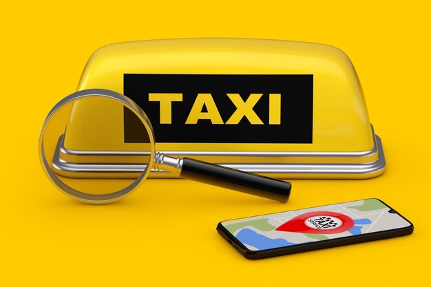 Search magnifying glass loupe tool instrument yellow taxi car\
roof sign and mobile phone 3d rendering