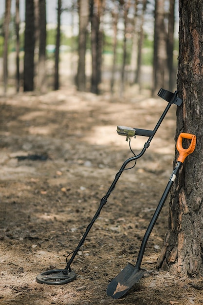 Search for treasures in the forest a metal detector and a\
shovel stood leaning on a pine tree treasure hunting coin\
search