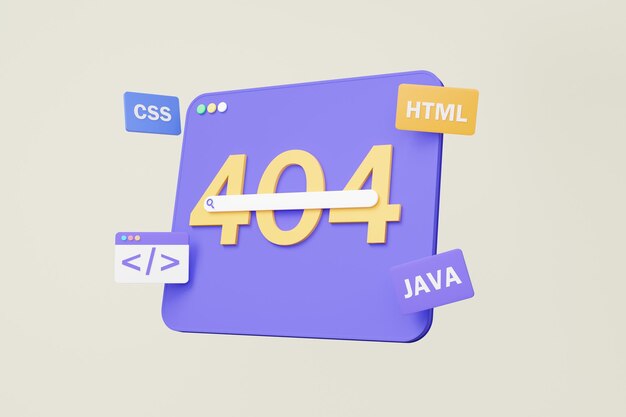 ウェブブラウザの検索エラー 404 ページが見つかりませんでした システムメンテナンス アップデート コンセプト コーディング プログラム ソフトウェア 開発 バナー ウェブサイト 3D レンダリング イラスト 最小限の漫画スタイル