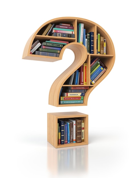 Searching information or FAQ concept Bookshelves with books and textbooks in the shape of question mark