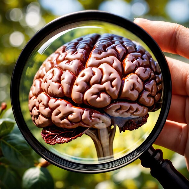 Photo searching for intelligence and talent magnifying glass looking at brain