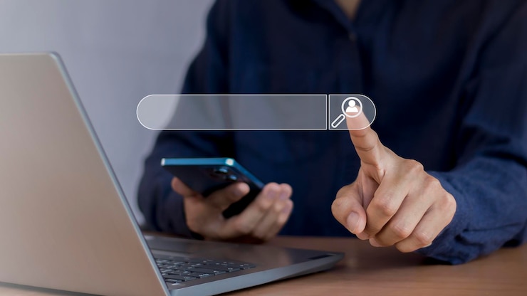 Photo searching the internet with a search bar working on a smartphone internet network concept