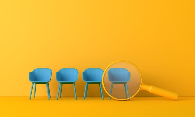 Photo searching for a new job opportunity office chair with magnifying glass recruitment concept 3d render