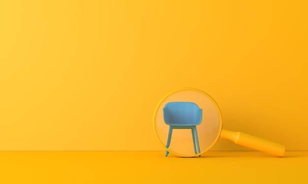 Searching for a new job opportunity office chair with magnifying glass recruitment concept d render