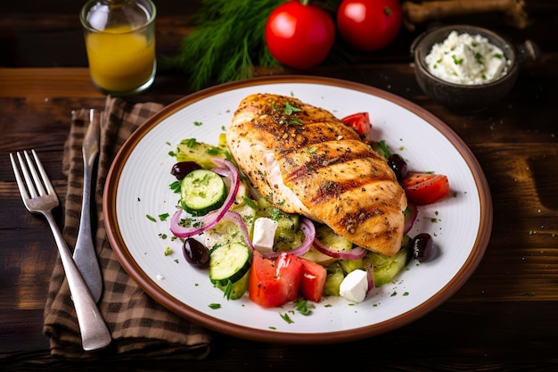 Seared chicken breast and Greek salad on a wooden table