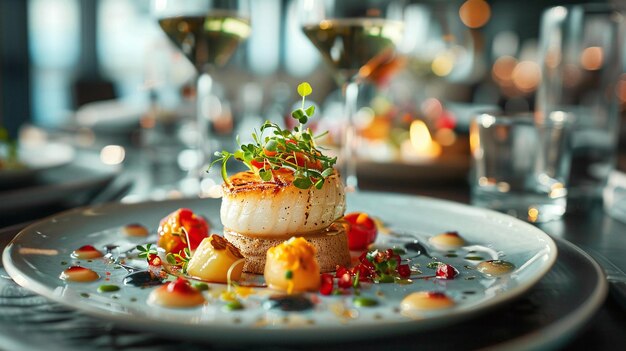 Photo seared scallop on toasted brioche with microgreens