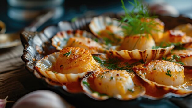 Seared scallops in shells garnished with dill on a dark plate