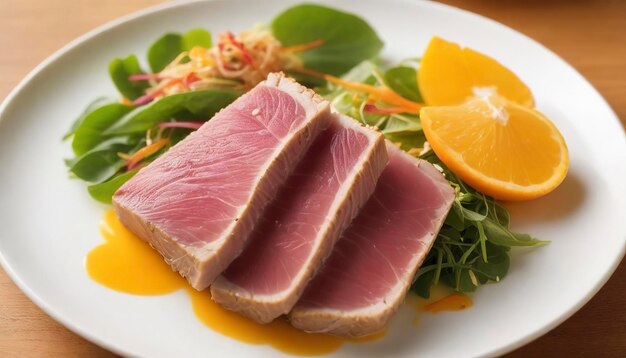 Photo seared tuna with asian crunchy salad with oranges served with vinaigrette sauce