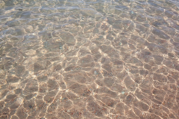 海の澄んだ水の海景。海、海、または湖の澄んだ水。太陽の下で水が波打つ。