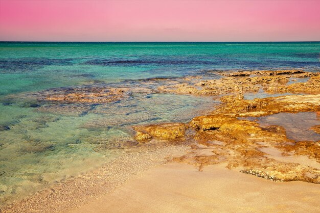 Seascape during at dawn. Rocky seashore in the morning