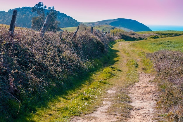 Seascape in early spring rural landscape country dirt road to\
the sea nature landscape view of the sea from mountain