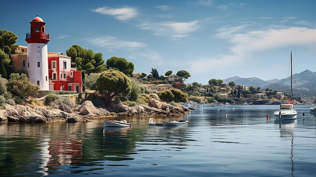 Seascape harbor of a mediterranean town with a small lighthouse generative ai