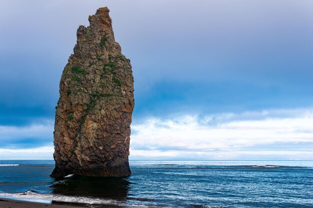 Морской пейзаж берега океана Кунашир с огромной вертикальной скалой в воде и диким пляжем с водорослями, выброшенными морем