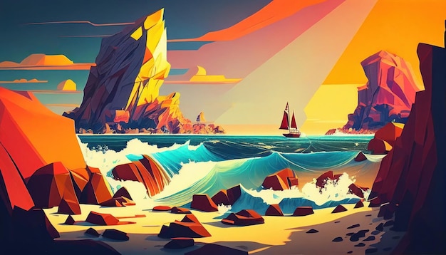 Seascape in the style of bright geometric abstractions by Generative AI