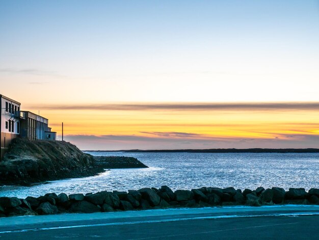 Seascape view from cape of Borganes pier under twilight evening sky in Iceland