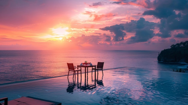 Photo seascape view under sunset light with dining table with infinity pool around romantic tropical getaway for two couple concept chairs food and romance luxury destination dining honeymoon template