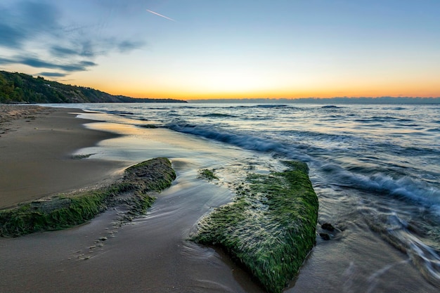 Seascape view with rocks with moss before sunrise