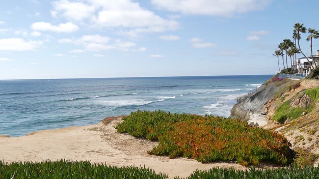 米国カリフォルニア海岸カールスバッドの海景の視点。海の波の上から、急な崖。
