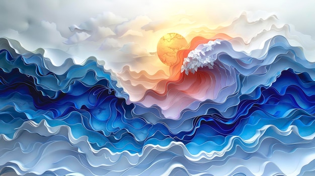 Seascape waves and sun made of paper