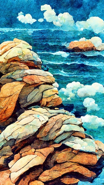 바위가 많은 해안선이 있는 바다 경치 바위 절벽 돌 파도 3D 그림