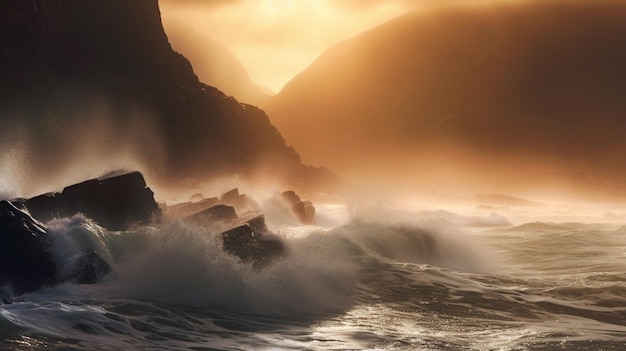 Seascape with waves crashing against the shore