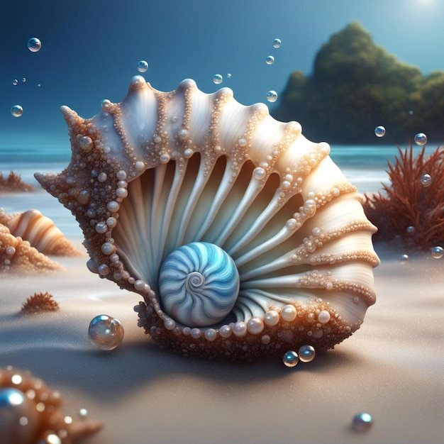 A seashell adorned with glistening bubbles rests peacefully on the sandy beach