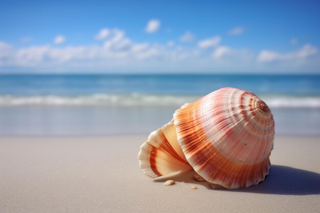 Seashell on the Beach Overlooking the Ocean and Blue Sky Generative AI