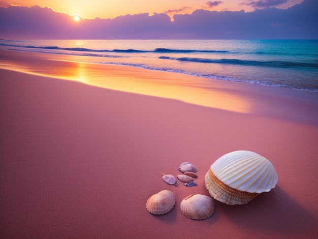 A seashell on a beach with the sun setting behind it