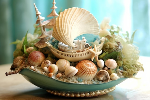 Premium Photo  A seashell dish with a boat on it.