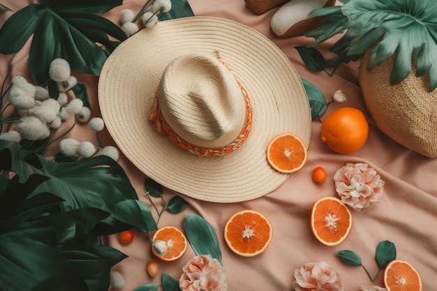 Seashell and hat with plants near fruit and flip flop in bag