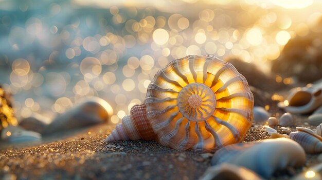 Seashell iridescent hues spiraling structure found on sandy shores embodying the Golden Ratio realistic image golden hour lighting depth of field bokeh effect