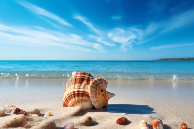 Фото Ракушка на пляже с видом на океан и голубое небо генеративный ии