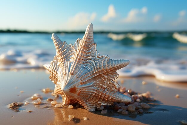 A Seashell Resting on a Sandy Beach with Gentle Waves