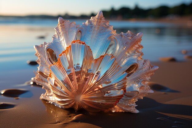 Photo a seashell resting on a sandy beach with gentle waves