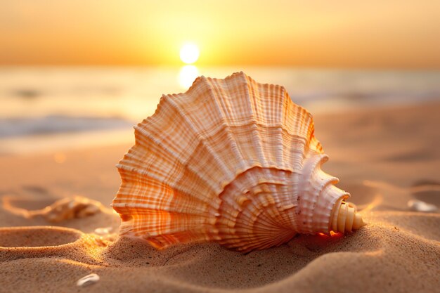 a seashell on sand with the sun setting in the background