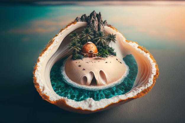 A seashell with a house on it