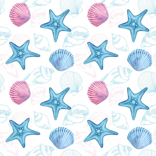 Seashell zeester naadloze herhaling tegel patroon achtergrond op blauw