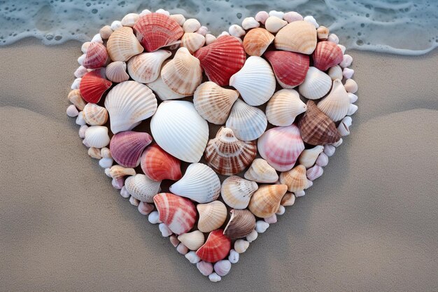 Photo seashells arranged in a heart shape on the sand