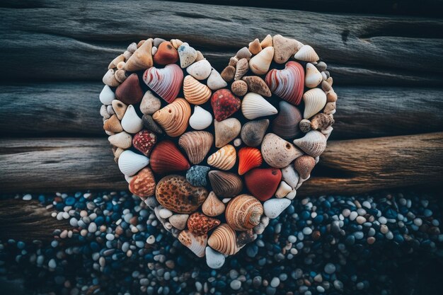 Photo seashells arranged in a heart shape on the sand