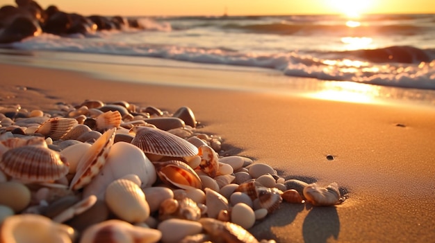 Seashells on the beach in the rays of the setting sun
