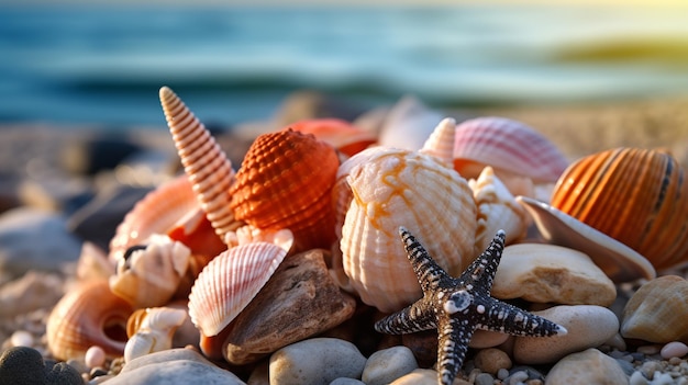 Seashells on the beach Sea shells with sand as background