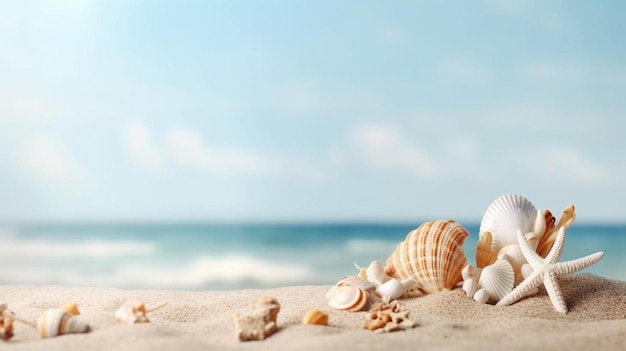 Seashells on the beach with the ocean in the background