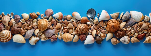 Seashells on blue background summer holiday banner
